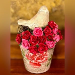 Handmade Spring Roses Bird In Birds Nest Floral Basket